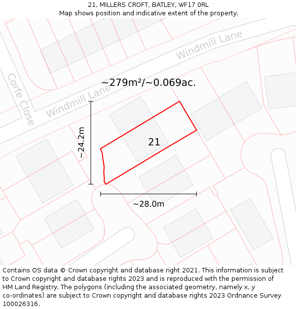 21, MILLERS CROFT, BATLEY, WF17 0RL: Plot and title map