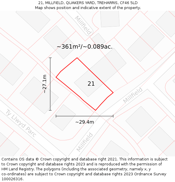 21, MILLFIELD, QUAKERS YARD, TREHARRIS, CF46 5LD: Plot and title map
