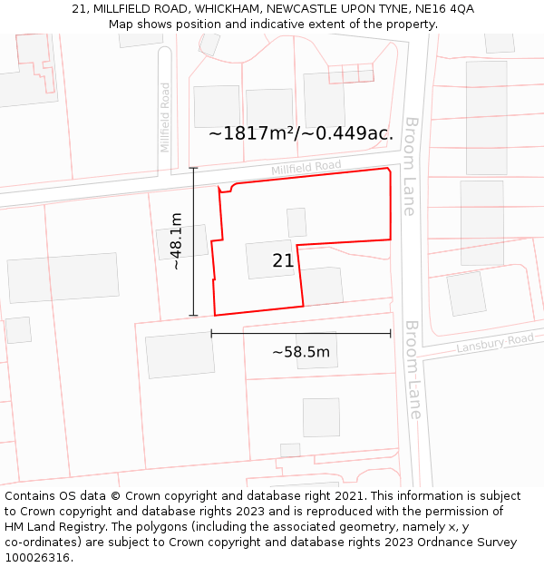 21, MILLFIELD ROAD, WHICKHAM, NEWCASTLE UPON TYNE, NE16 4QA: Plot and title map