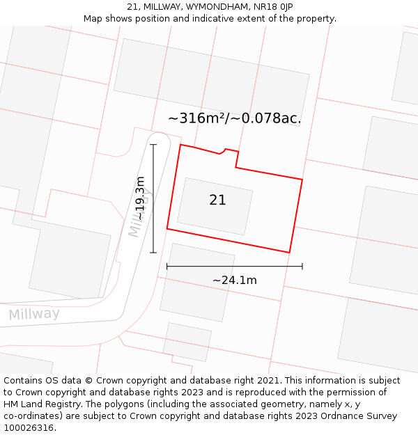 21, MILLWAY, WYMONDHAM, NR18 0JP: Plot and title map
