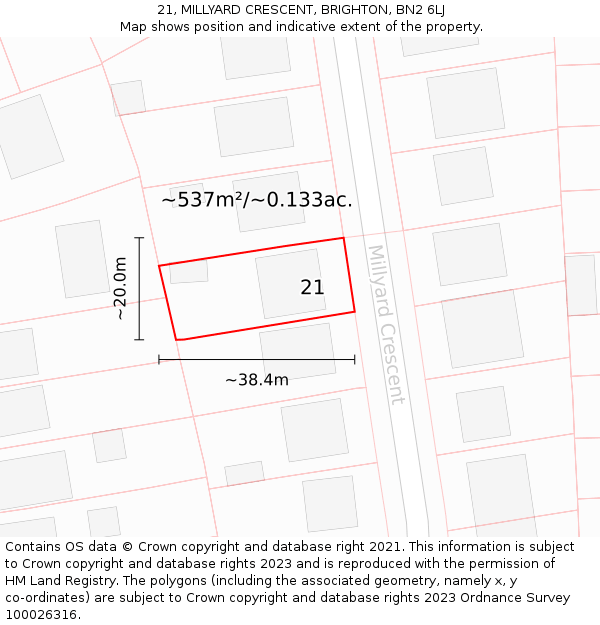 21, MILLYARD CRESCENT, BRIGHTON, BN2 6LJ: Plot and title map