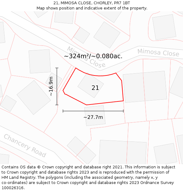 21, MIMOSA CLOSE, CHORLEY, PR7 1BT: Plot and title map