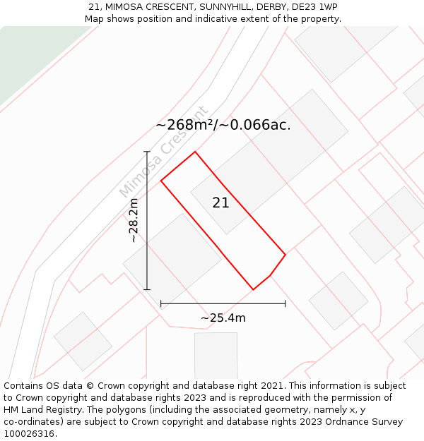 21, MIMOSA CRESCENT, SUNNYHILL, DERBY, DE23 1WP: Plot and title map