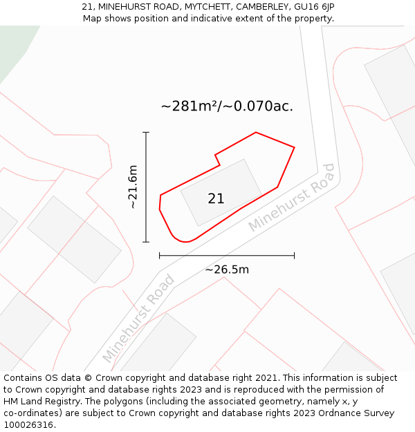 21, MINEHURST ROAD, MYTCHETT, CAMBERLEY, GU16 6JP: Plot and title map