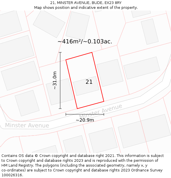 21, MINSTER AVENUE, BUDE, EX23 8RY: Plot and title map