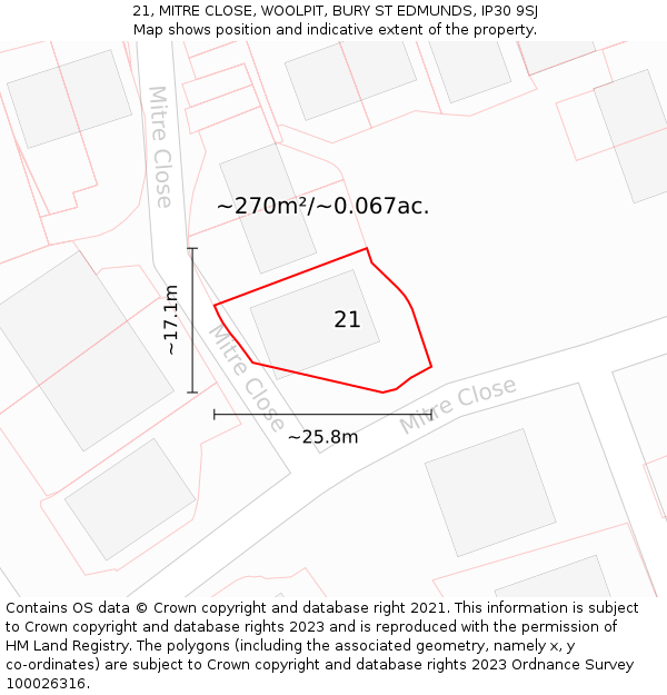 21, MITRE CLOSE, WOOLPIT, BURY ST EDMUNDS, IP30 9SJ: Plot and title map