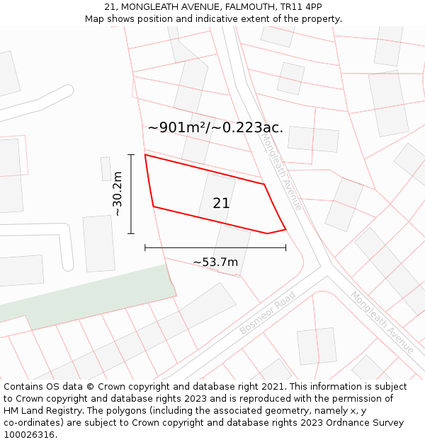 21, MONGLEATH AVENUE, FALMOUTH, TR11 4PP: Plot and title map