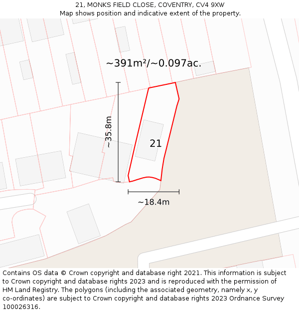 21, MONKS FIELD CLOSE, COVENTRY, CV4 9XW: Plot and title map