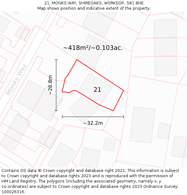 21, MONKS WAY, SHIREOAKS, WORKSOP, S81 8NE: Plot and title map