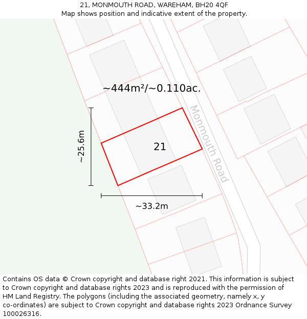 21, MONMOUTH ROAD, WAREHAM, BH20 4QF: Plot and title map