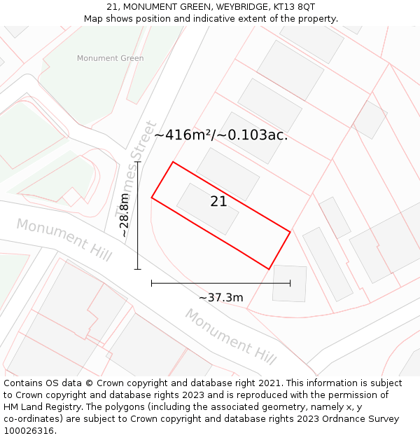 21, MONUMENT GREEN, WEYBRIDGE, KT13 8QT: Plot and title map