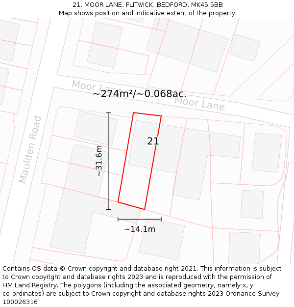 21, MOOR LANE, FLITWICK, BEDFORD, MK45 5BB: Plot and title map