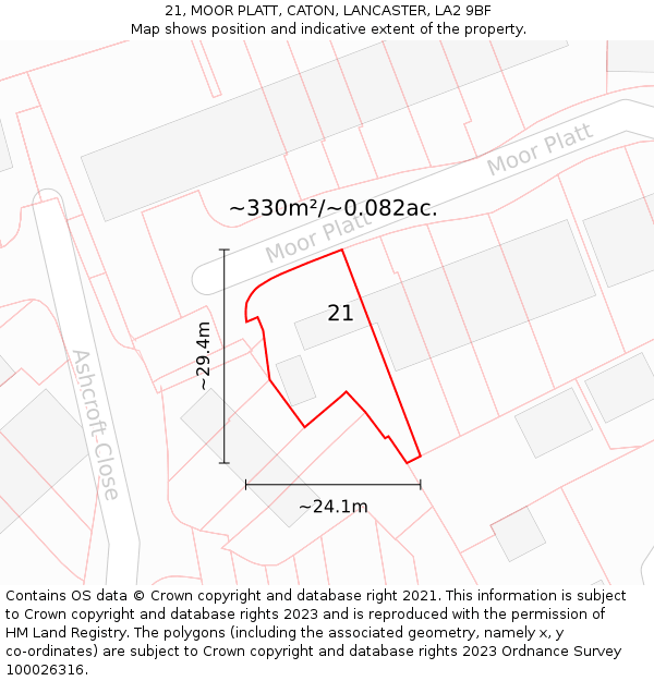 21, MOOR PLATT, CATON, LANCASTER, LA2 9BF: Plot and title map