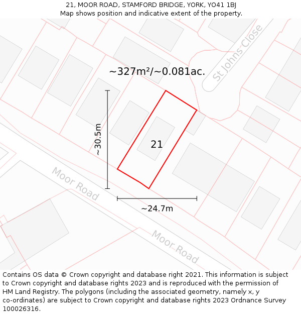 21, MOOR ROAD, STAMFORD BRIDGE, YORK, YO41 1BJ: Plot and title map
