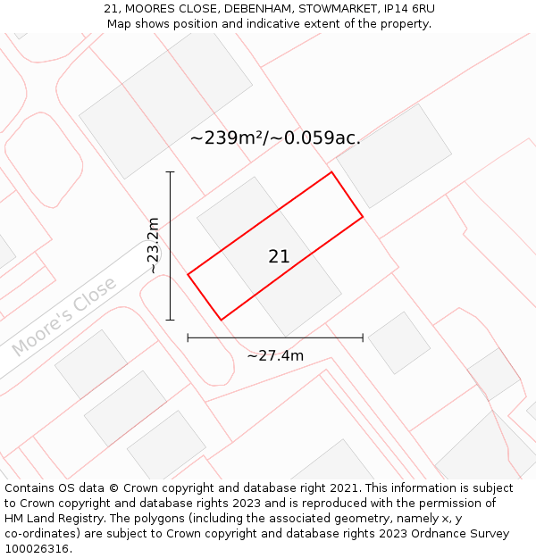 21, MOORES CLOSE, DEBENHAM, STOWMARKET, IP14 6RU: Plot and title map