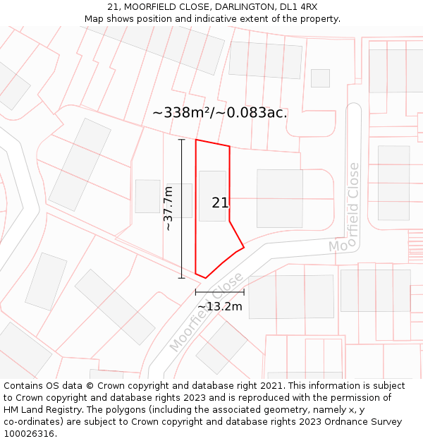 21, MOORFIELD CLOSE, DARLINGTON, DL1 4RX: Plot and title map