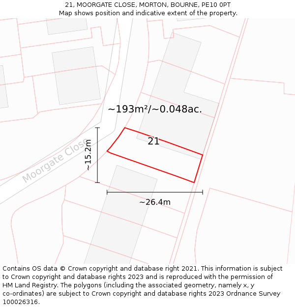 21, MOORGATE CLOSE, MORTON, BOURNE, PE10 0PT: Plot and title map