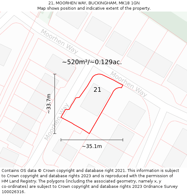 21, MOORHEN WAY, BUCKINGHAM, MK18 1GN: Plot and title map