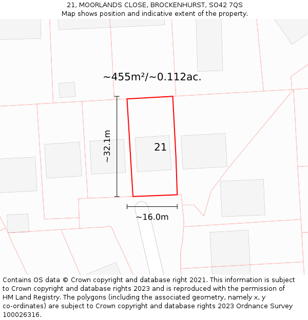 21, MOORLANDS CLOSE, BROCKENHURST, SO42 7QS: Plot and title map
