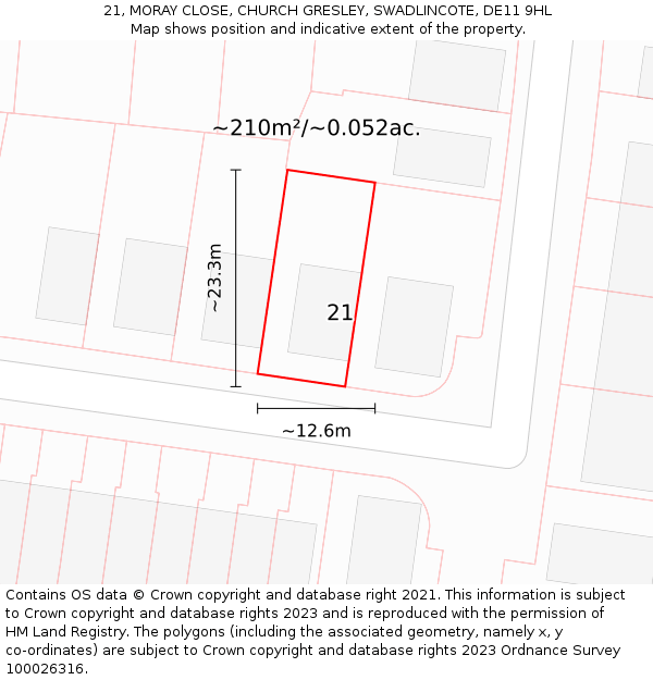 21, MORAY CLOSE, CHURCH GRESLEY, SWADLINCOTE, DE11 9HL: Plot and title map