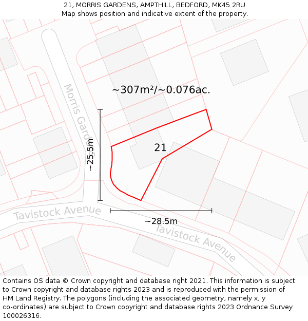 21, MORRIS GARDENS, AMPTHILL, BEDFORD, MK45 2RU: Plot and title map
