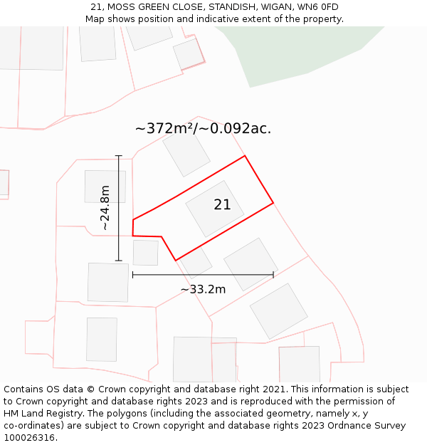 21, MOSS GREEN CLOSE, STANDISH, WIGAN, WN6 0FD: Plot and title map