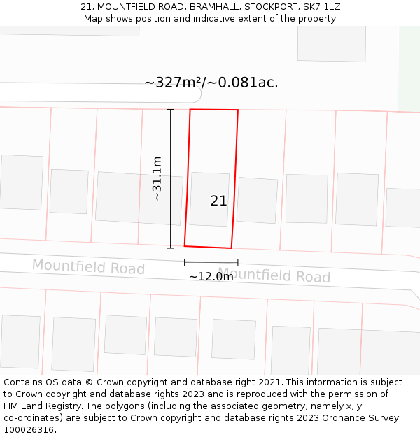 21, MOUNTFIELD ROAD, BRAMHALL, STOCKPORT, SK7 1LZ: Plot and title map