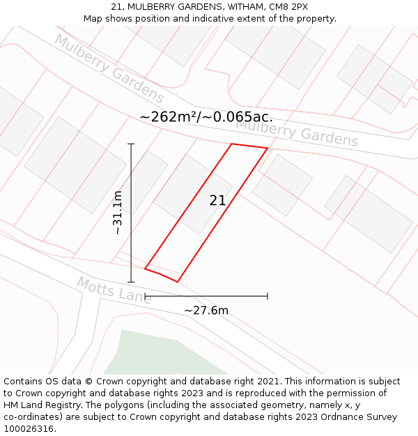 21, MULBERRY GARDENS, WITHAM, CM8 2PX: Plot and title map
