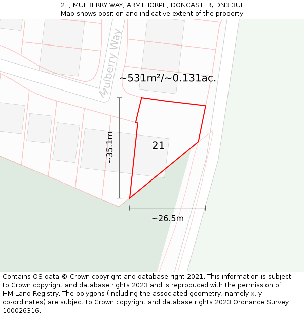 21, MULBERRY WAY, ARMTHORPE, DONCASTER, DN3 3UE: Plot and title map