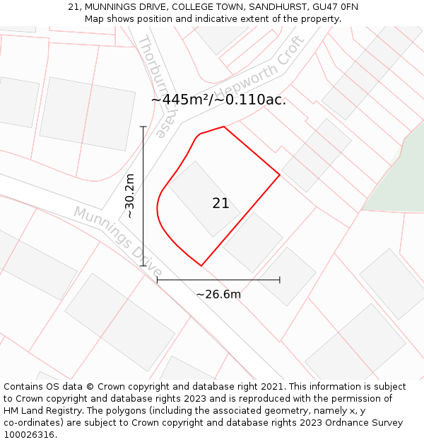 21, MUNNINGS DRIVE, COLLEGE TOWN, SANDHURST, GU47 0FN: Plot and title map
