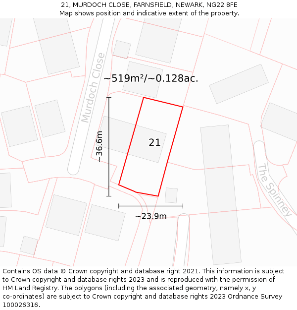 21, MURDOCH CLOSE, FARNSFIELD, NEWARK, NG22 8FE: Plot and title map