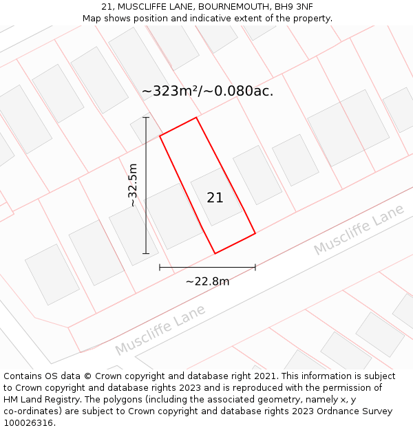 21, MUSCLIFFE LANE, BOURNEMOUTH, BH9 3NF: Plot and title map