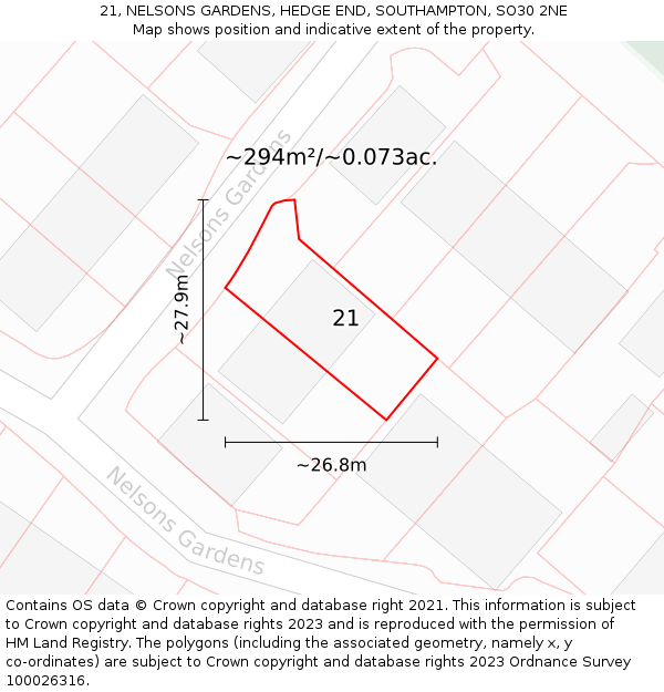 21, NELSONS GARDENS, HEDGE END, SOUTHAMPTON, SO30 2NE: Plot and title map