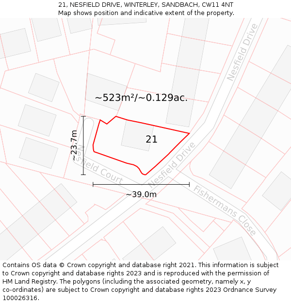 21, NESFIELD DRIVE, WINTERLEY, SANDBACH, CW11 4NT: Plot and title map