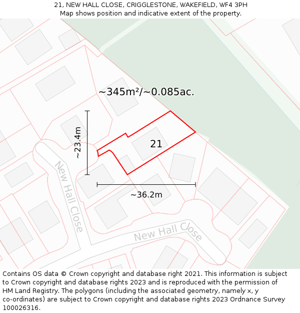 21, NEW HALL CLOSE, CRIGGLESTONE, WAKEFIELD, WF4 3PH: Plot and title map