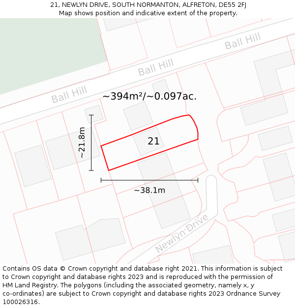 21, NEWLYN DRIVE, SOUTH NORMANTON, ALFRETON, DE55 2FJ: Plot and title map