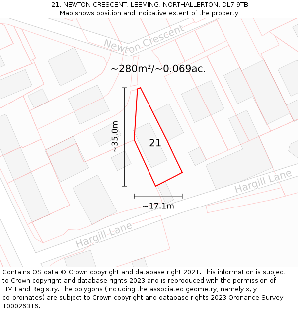 21, NEWTON CRESCENT, LEEMING, NORTHALLERTON, DL7 9TB: Plot and title map