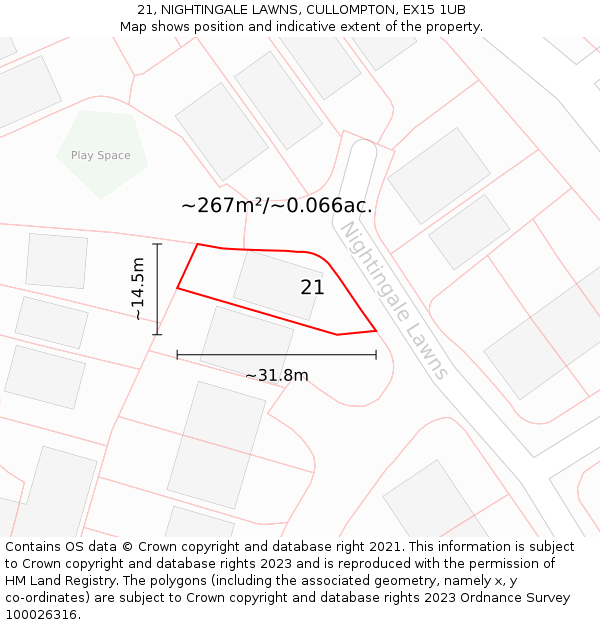 21, NIGHTINGALE LAWNS, CULLOMPTON, EX15 1UB: Plot and title map