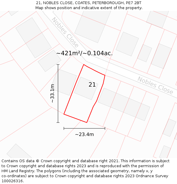 21, NOBLES CLOSE, COATES, PETERBOROUGH, PE7 2BT: Plot and title map