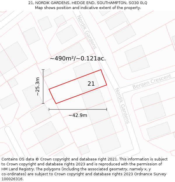 21, NORDIK GARDENS, HEDGE END, SOUTHAMPTON, SO30 0LQ: Plot and title map
