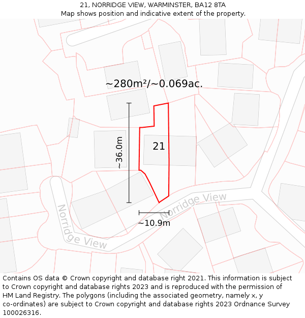21, NORRIDGE VIEW, WARMINSTER, BA12 8TA: Plot and title map