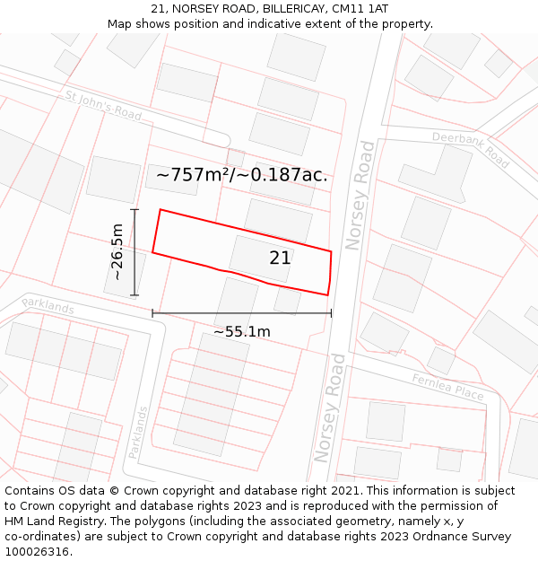 21, NORSEY ROAD, BILLERICAY, CM11 1AT: Plot and title map