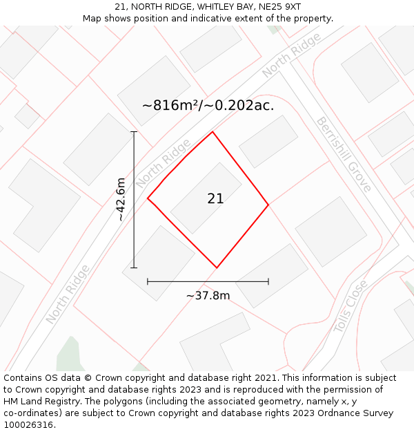 21, NORTH RIDGE, WHITLEY BAY, NE25 9XT: Plot and title map