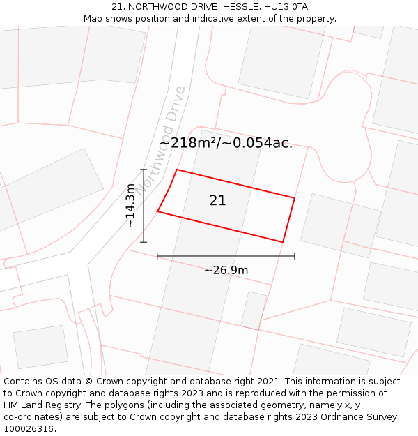21, NORTHWOOD DRIVE, HESSLE, HU13 0TA: Plot and title map