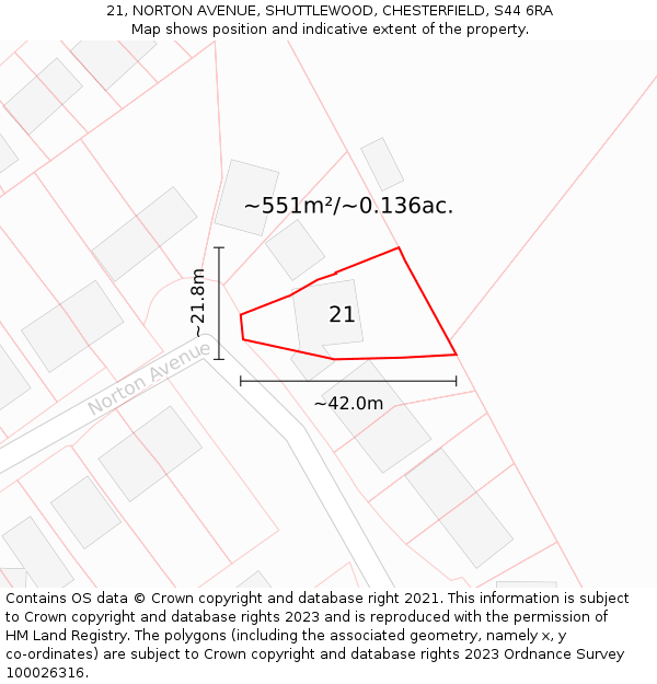 21, NORTON AVENUE, SHUTTLEWOOD, CHESTERFIELD, S44 6RA: Plot and title map