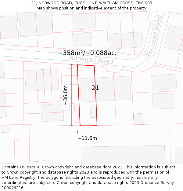 21, NORWOOD ROAD, CHESHUNT, WALTHAM CROSS, EN8 9RR: Plot and title map