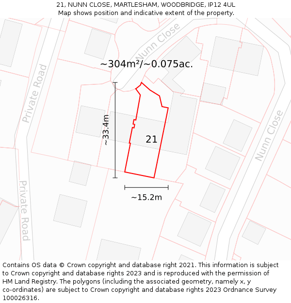 21, NUNN CLOSE, MARTLESHAM, WOODBRIDGE, IP12 4UL: Plot and title map