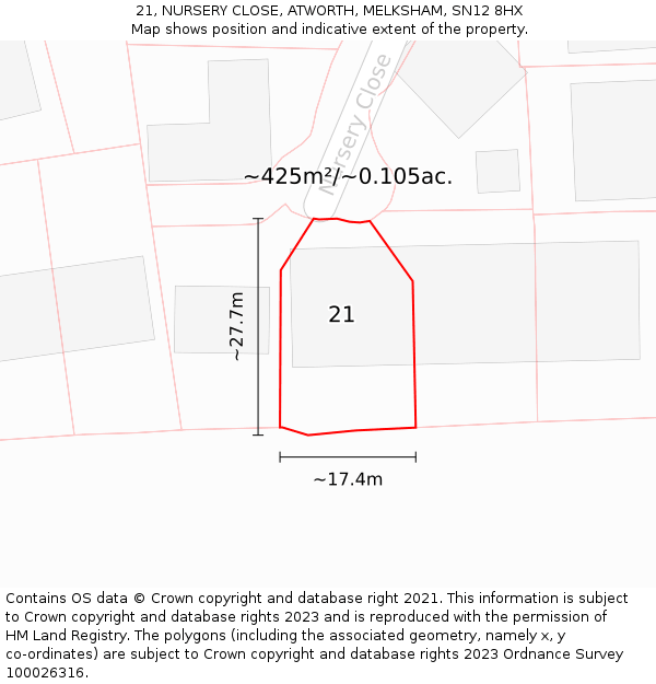 21, NURSERY CLOSE, ATWORTH, MELKSHAM, SN12 8HX: Plot and title map