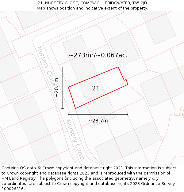 21, NURSERY CLOSE, COMBWICH, BRIDGWATER, TA5 2JB: Plot and title map