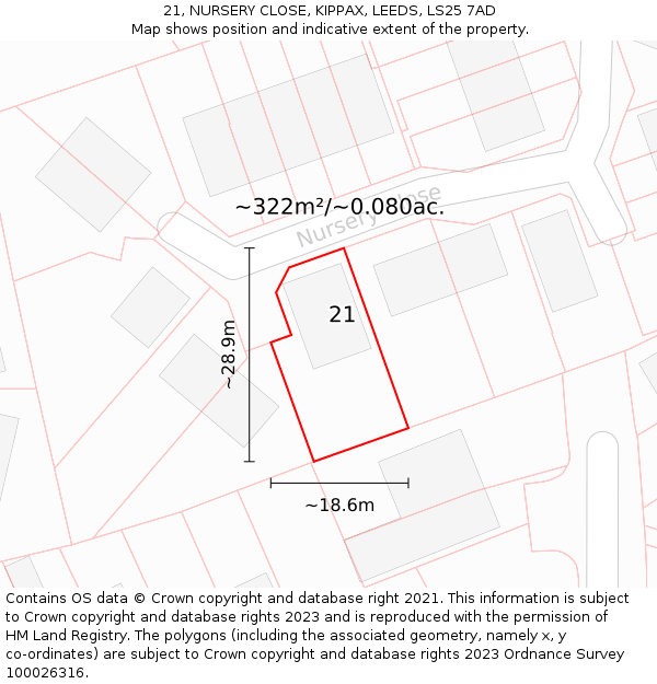 21, NURSERY CLOSE, KIPPAX, LEEDS, LS25 7AD: Plot and title map